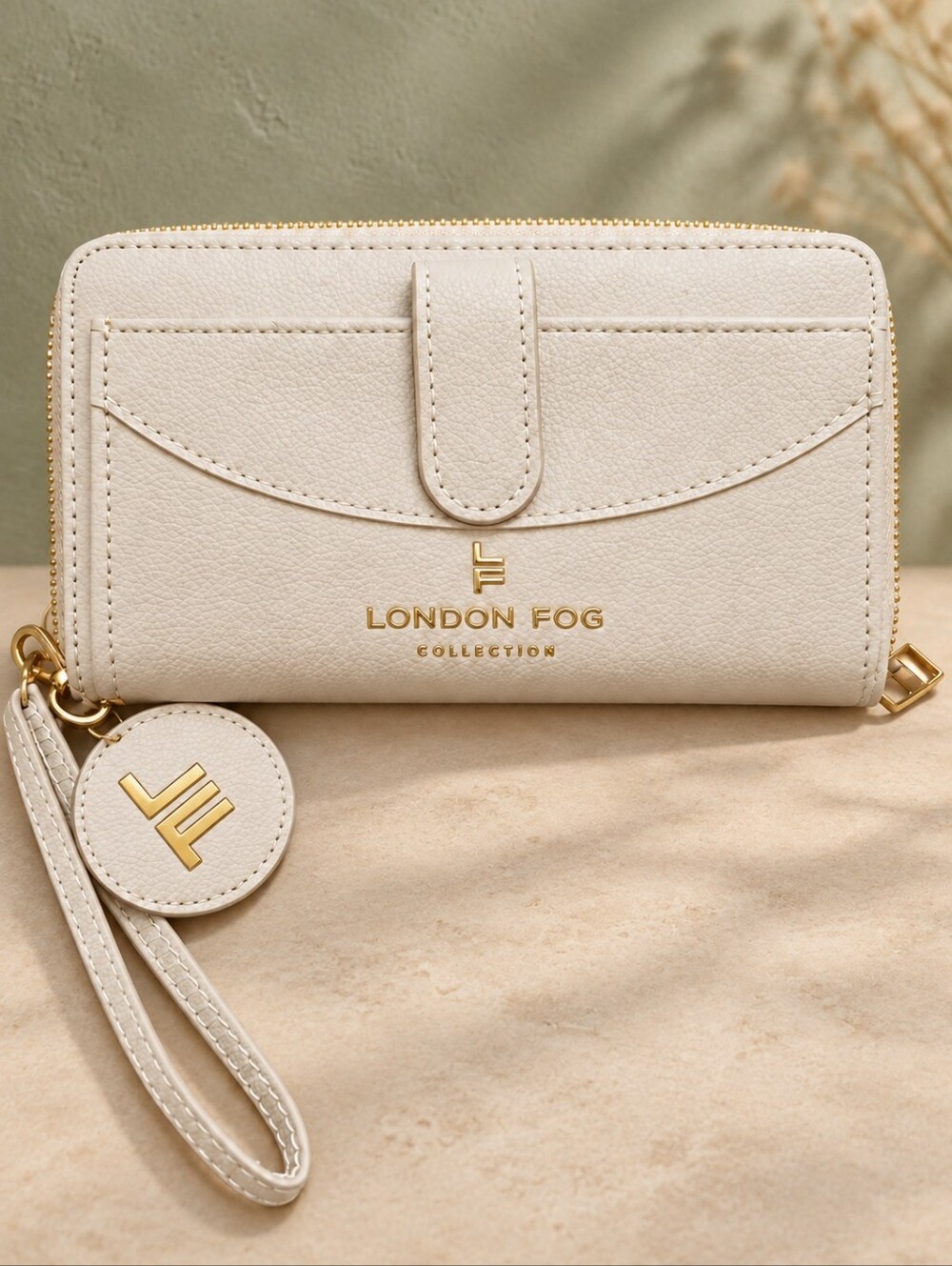 London Fog Cream Zip-Around Wristlet Wallet with Gold Accents